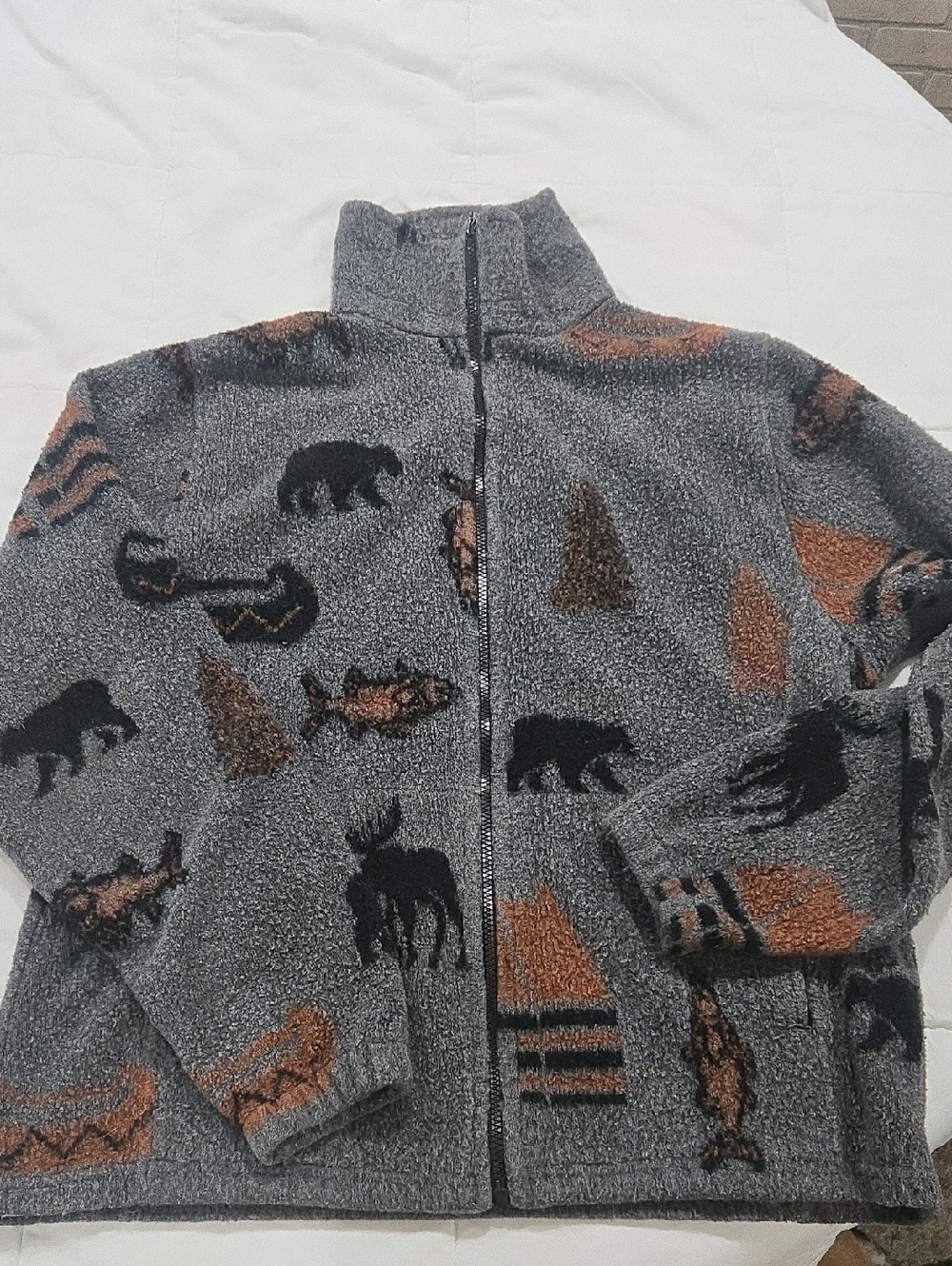 Men's Gray Sherpa Zip Jacket with Moosies, Fishies And Bears
